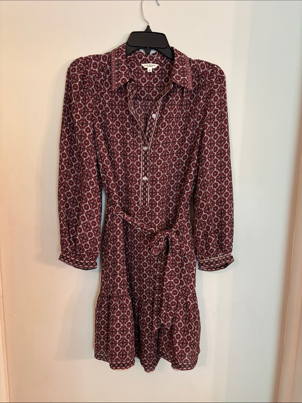 Max Studio Burgundy Patterned Long-Sleeve Shirt Dress